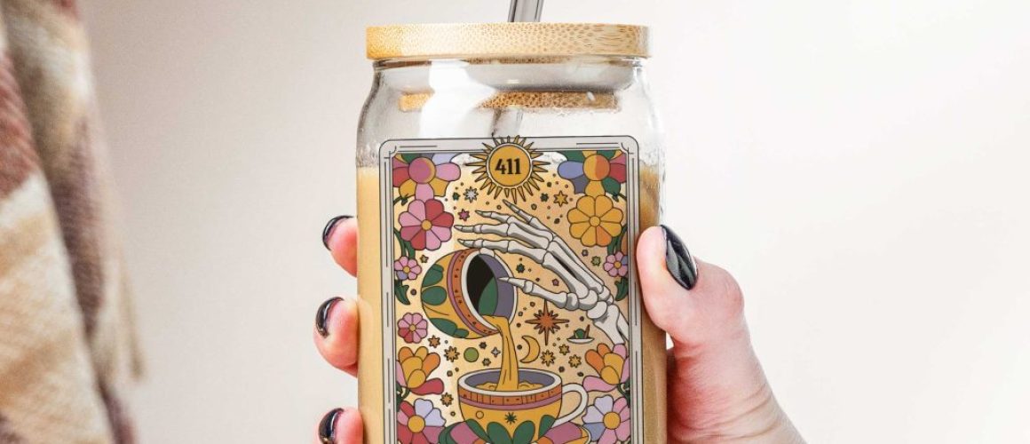 Hand-holding-glass-can-cr Spill The Tea Iced Tea Glass Tumbler With Straw And Bamboo Lid, Funny Tarot Card Floral Clear Glass Cup, Birthday Gift, Tea Lovers Gift