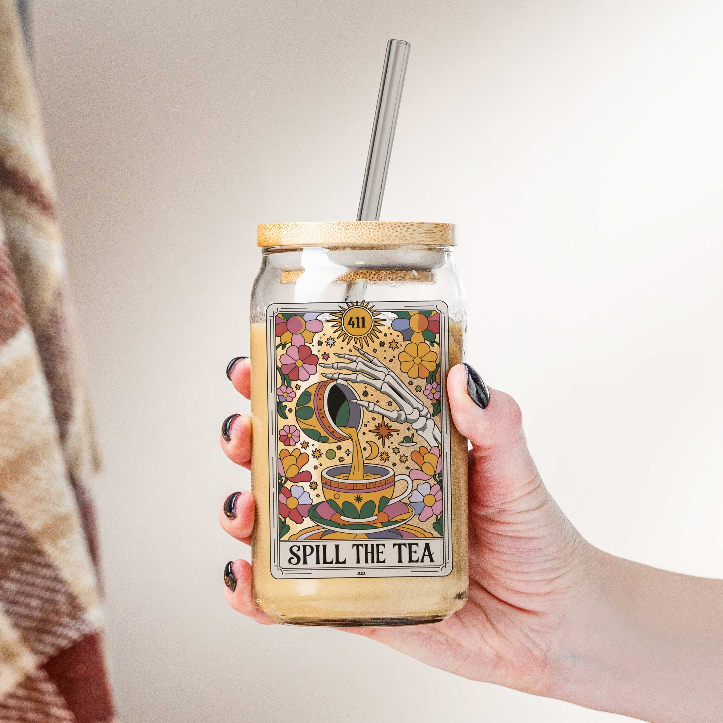 Spill The Tea Iced Tea Glass Tumbler With Straw And Bamboo Lid, Funny Tarot Card Floral Clear Glass Cup, Birthday Gift, Tea Lovers Gift