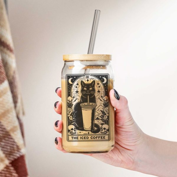 Hand-holding-glass-can-cr Witchy Tarot Cat Iced Coffee Glass Cup - 16oz Can Glass Tumbler With Lid & Straw, Cat Lover Astrology Gift