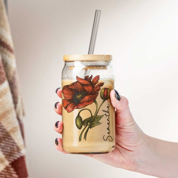 Personalized Birth Flower Coffee Cup With Name, Soda Can Glass With Lid and Straw