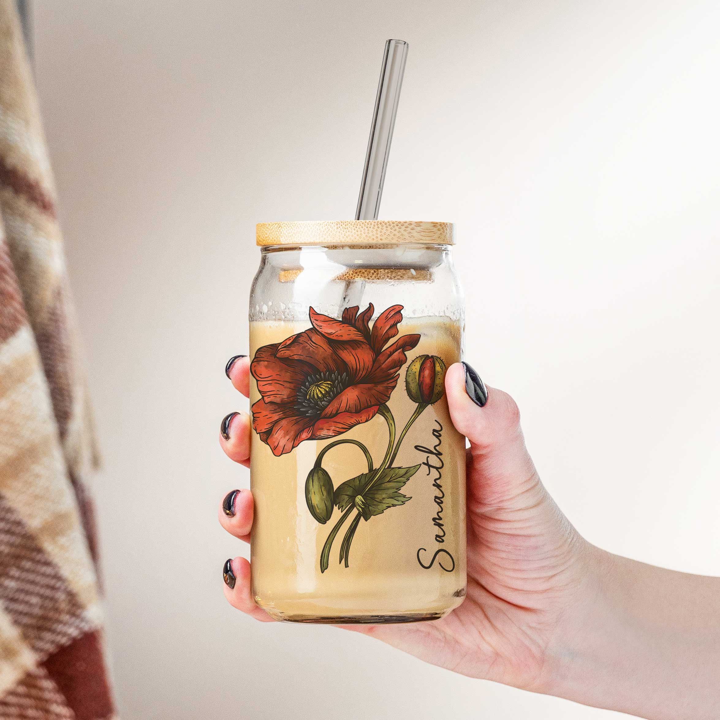 Personalized Birth Flower Coffee Cup With Name, Soda Can Glass With Lid and Straw