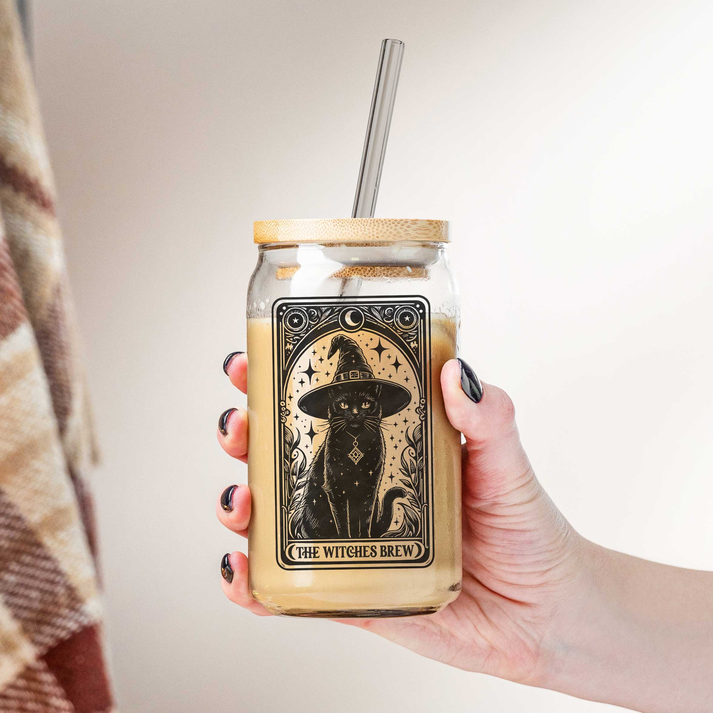 Glass can with black witch cat tarot design, bamboo lid and metal straw for iced coffee or tea