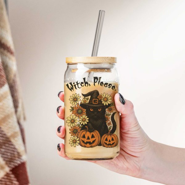 Halloween glass can with black cat, pumpkins, flowers, and “Witch, Please.” quote in spooky font, bamboo lid and straw
