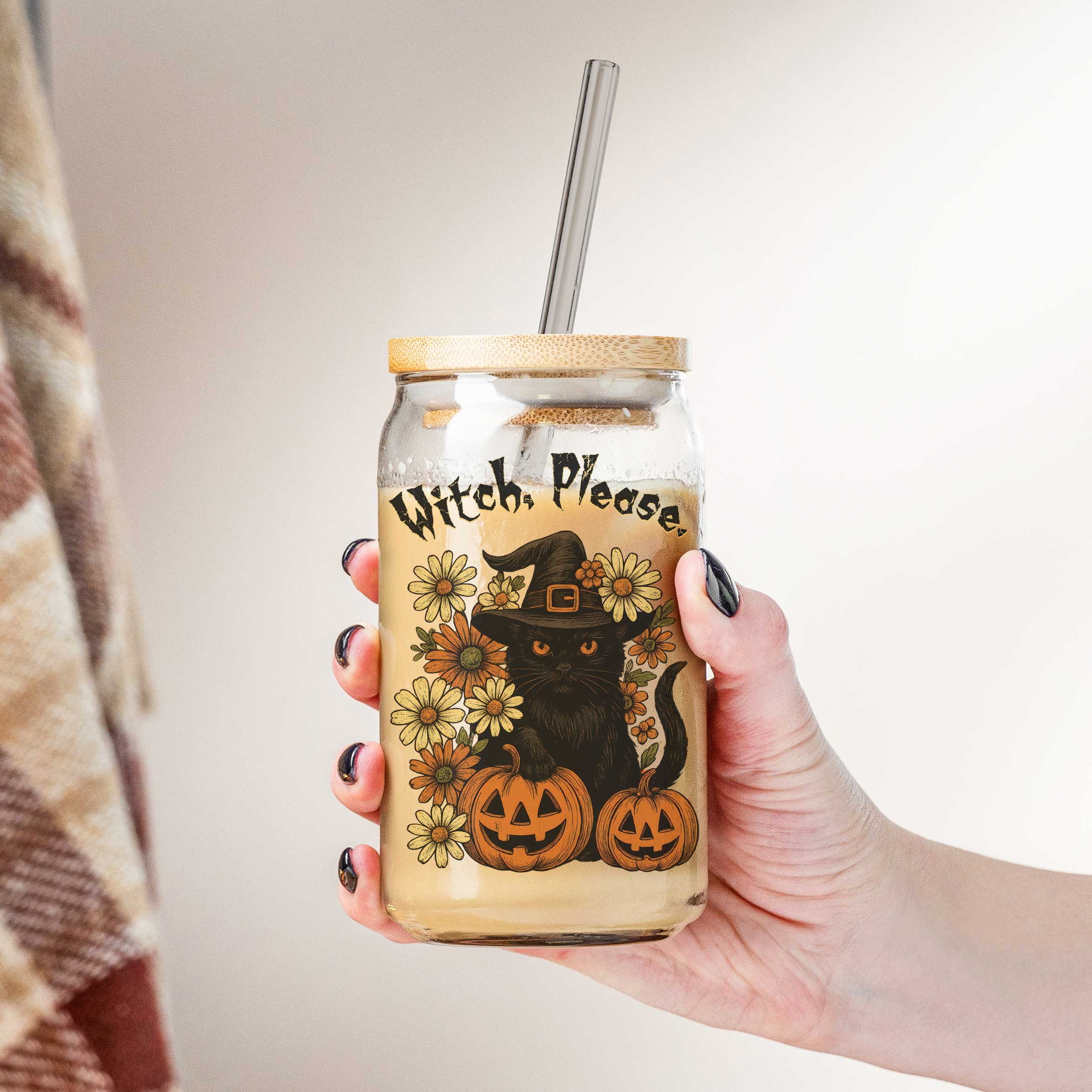 Halloween glass can with black cat, pumpkins, flowers, and “Witch, Please.” quote in spooky font, bamboo lid and straw