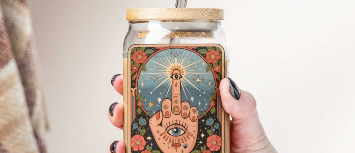 Hand-holding-glass-can-cr old Funny Tarot Card Can Glass, Iced Coffee Tumbler, Hamsa Hand Evil Eye Mystical Boho Design Glass Tumbler, Funny Gift For Friends Birthday