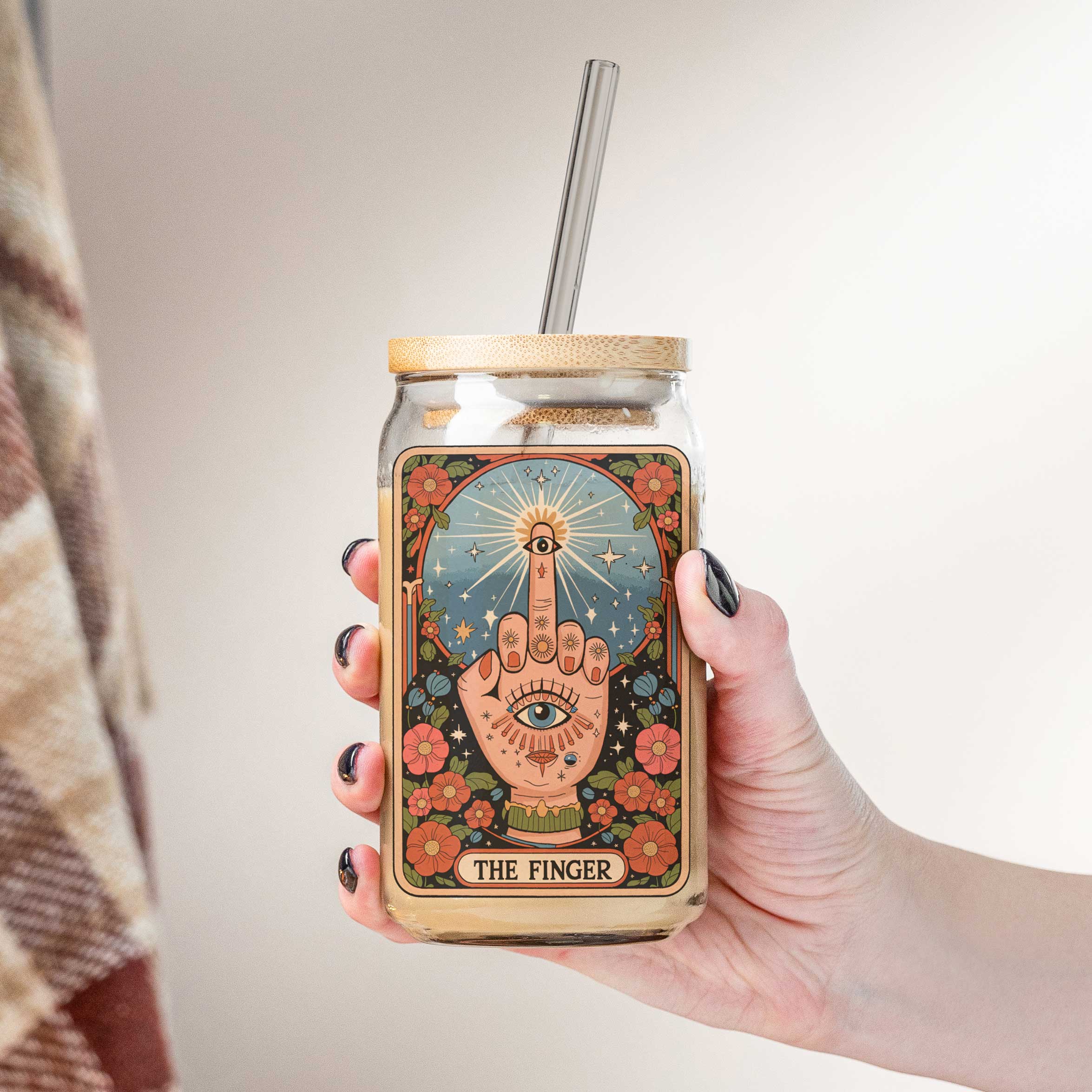 Funny Tarot Card Can Glass, Iced Coffee Tumbler, Hamsa Hand Evil Eye Mystical Boho Design Glass Tumbler, Funny Gift For Friends Birthday