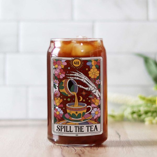 can-glass-CRM7-slice_cr square Spill The Tea Iced Tea Glass Tumbler With Straw And Bamboo Lid, Funny Tarot Card Floral Clear Glass Cup, Birthday Gift, Tea Lovers Gift