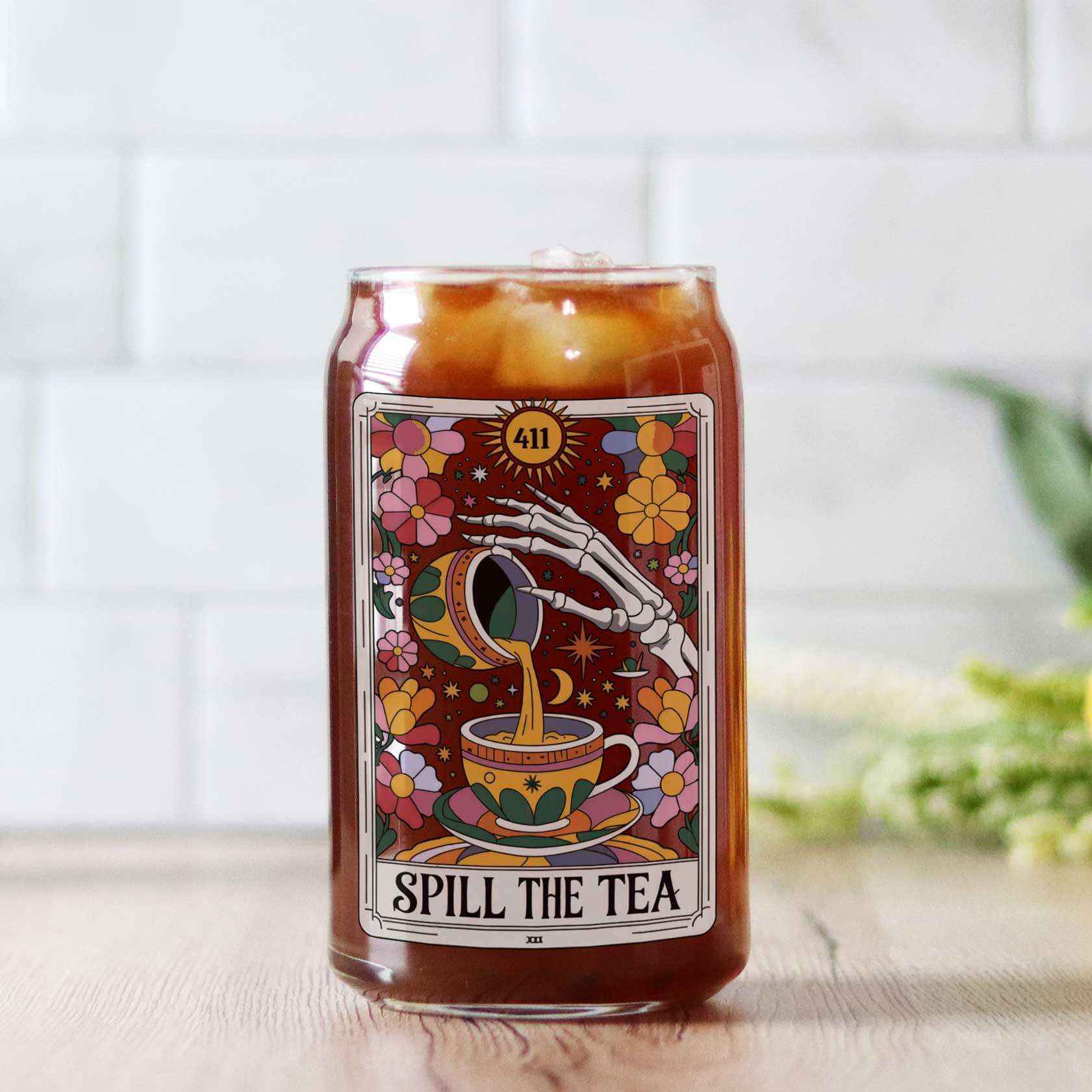Spill The Tea Iced Tea Glass Tumbler With Straw And Bamboo Lid, Funny Tarot Card Floral Clear Glass Cup, Birthday Gift, Tea Lovers Gift