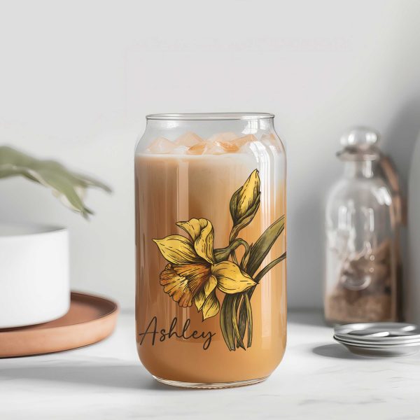 Personalized Birth Flower Coffee Cup With Name, Soda Can Glass With Lid and Straw