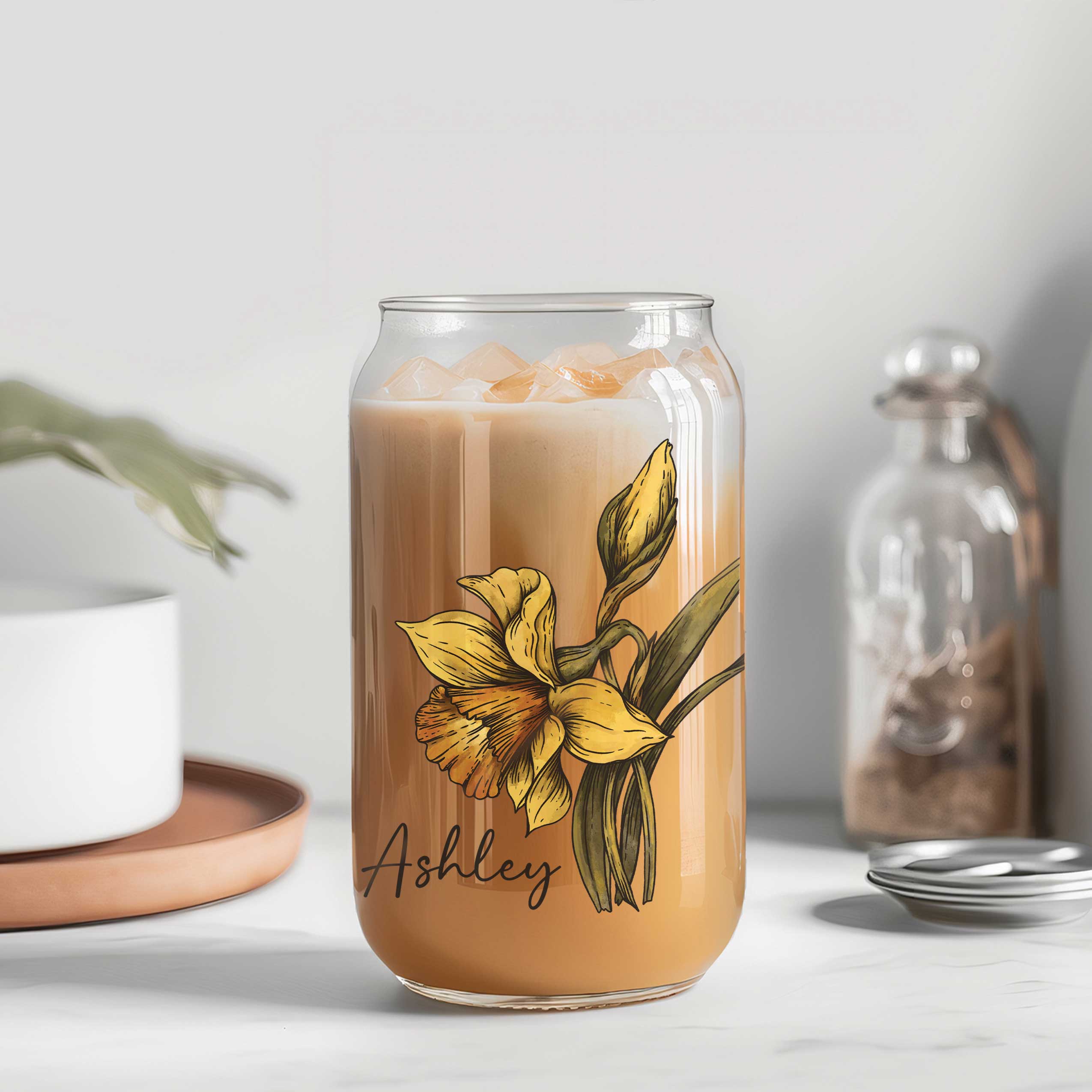 Personalized Birth Flower Coffee Cup With Name, Soda Can Glass With Lid and Straw