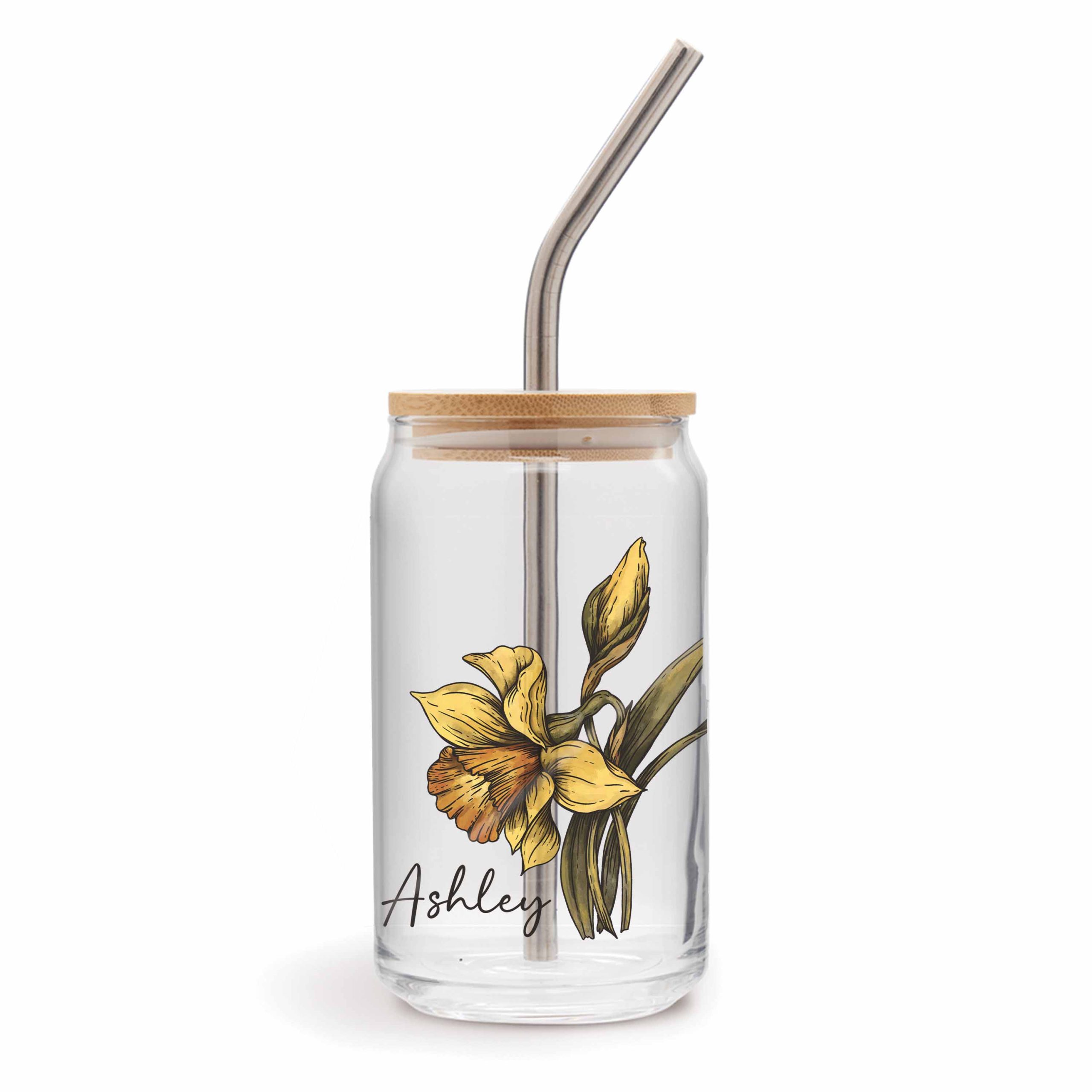 Personalized Birth Flower Coffee Cup With Name, Soda Can Glass With Lid and Straw