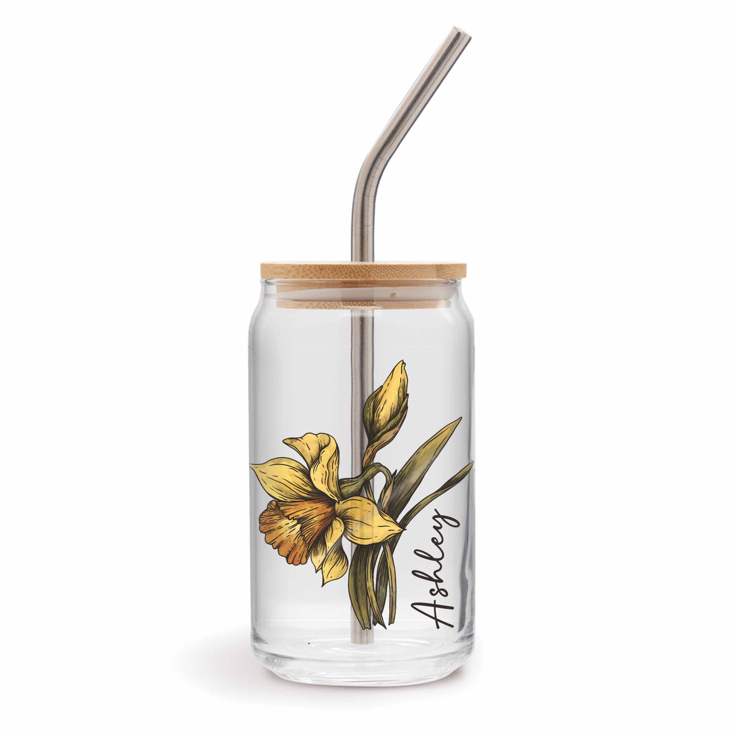 Personalized Birth Flower Coffee Cup With Name, Soda Can Glass With Lid and Straw