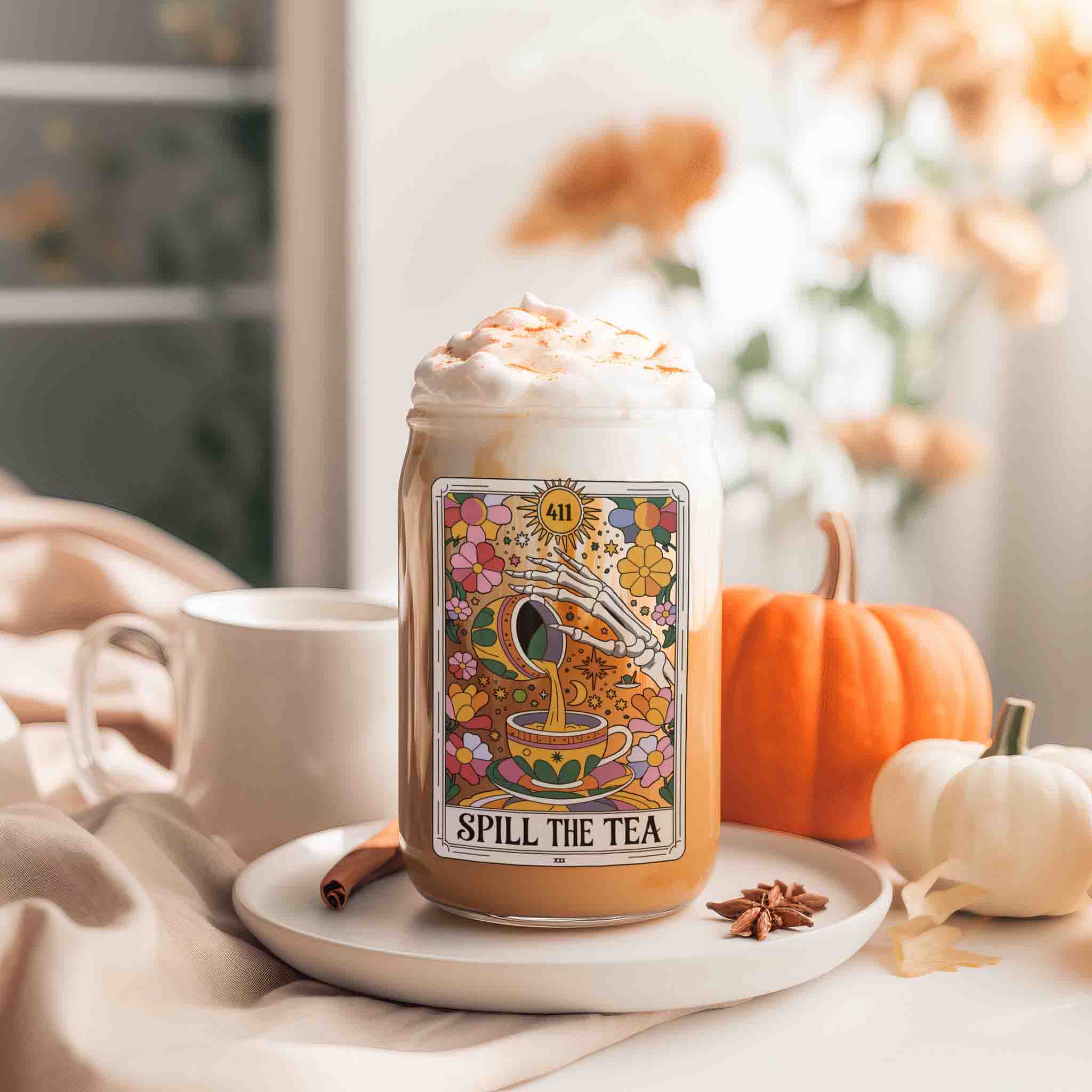 Spill The Tea Iced Tea Glass Tumbler With Straw And Bamboo Lid, Funny Tarot Card Floral Clear Glass Cup, Birthday Gift, Tea Lovers Gift