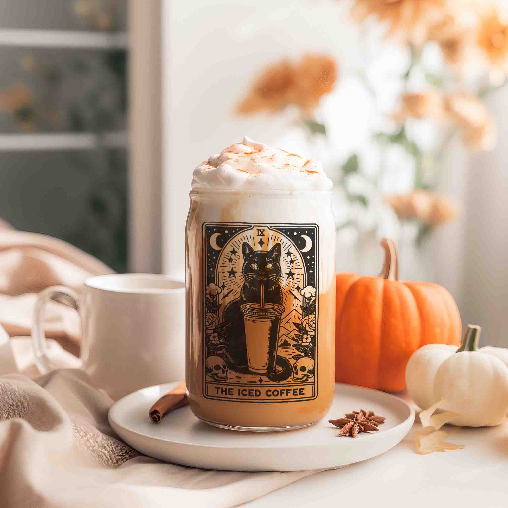 Witchy Tarot Cat Iced Coffee Glass Cup - 16oz Can Glass Tumbler With Lid & Straw, Cat Lover Astrology Gift