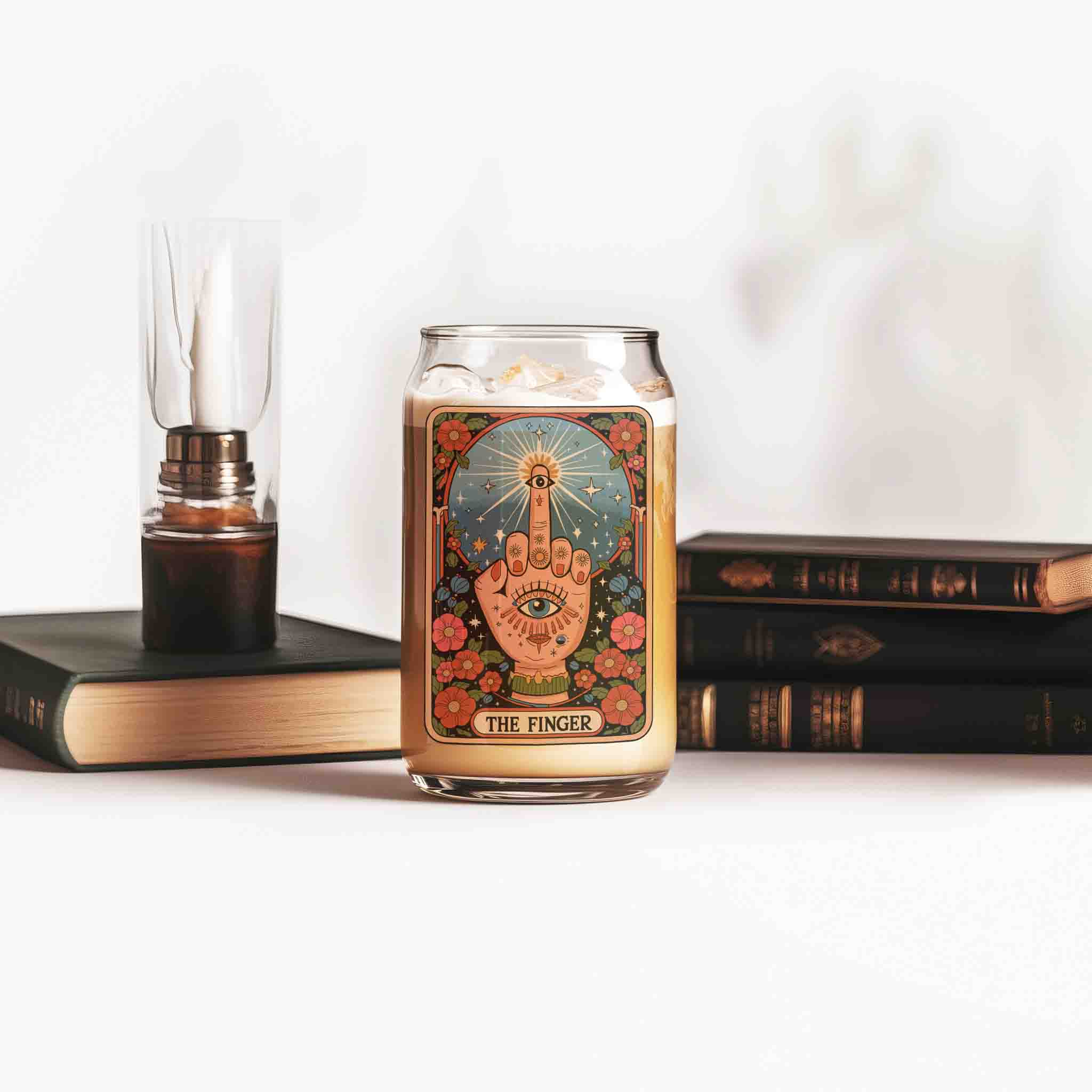 Funny Tarot Card Can Glass, Iced Coffee Tumbler, Hamsa Hand Evil Eye Mystical Boho Design Glass Tumbler, Funny Gift For Friends Birthday