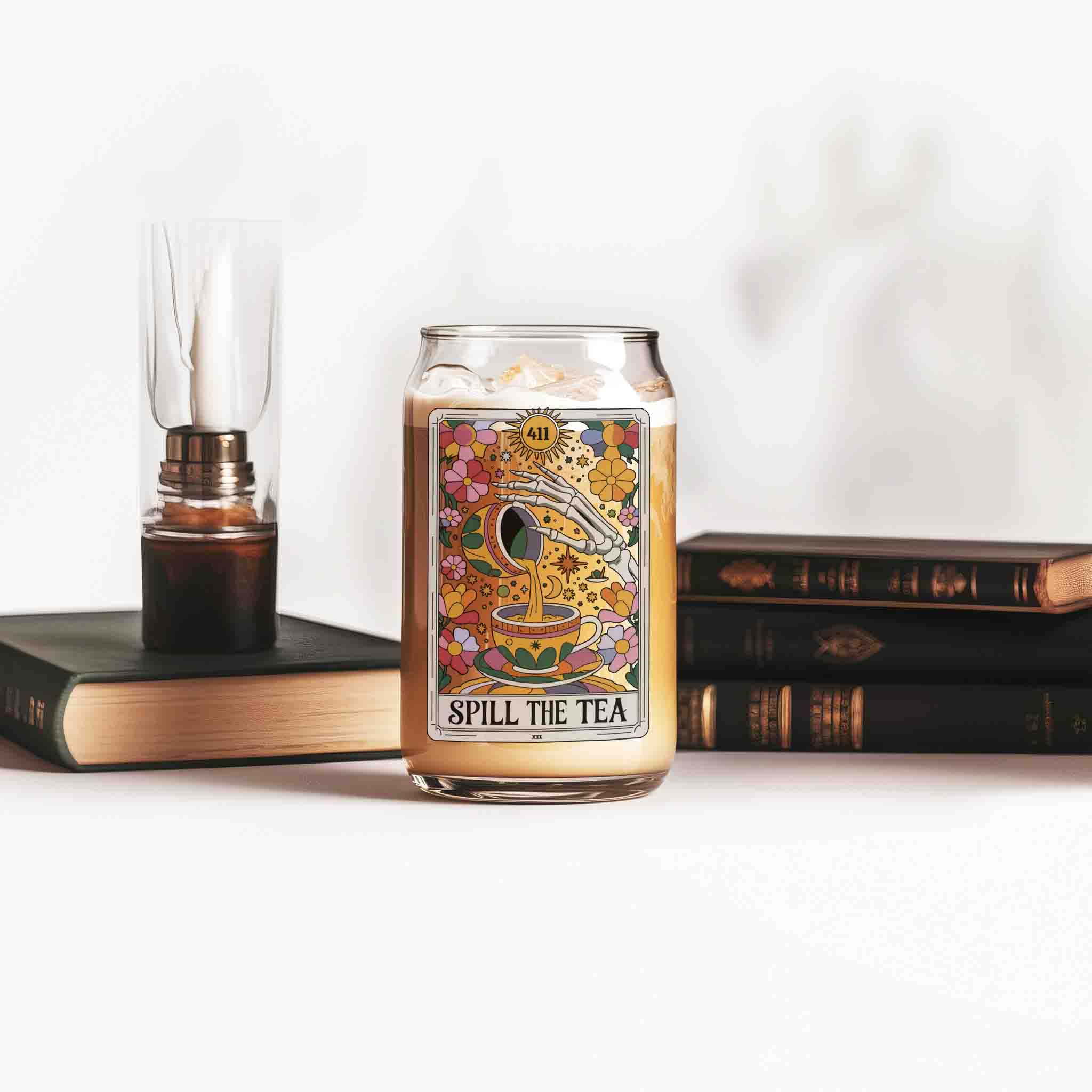 Spill The Tea Iced Tea Glass Tumbler With Straw And Bamboo Lid, Funny Tarot Card Floral Clear Glass Cup, Birthday Gift, Tea Lovers Gift