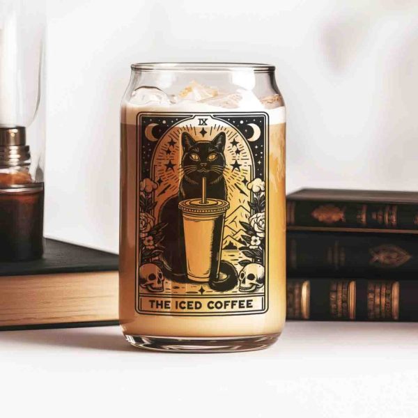halloween-candle-books_cr-square Witchy Tarot Cat Iced Coffee Glass Cup - 16oz Can Glass Tumbler With Lid & Straw, Cat Lover Astrology Gift