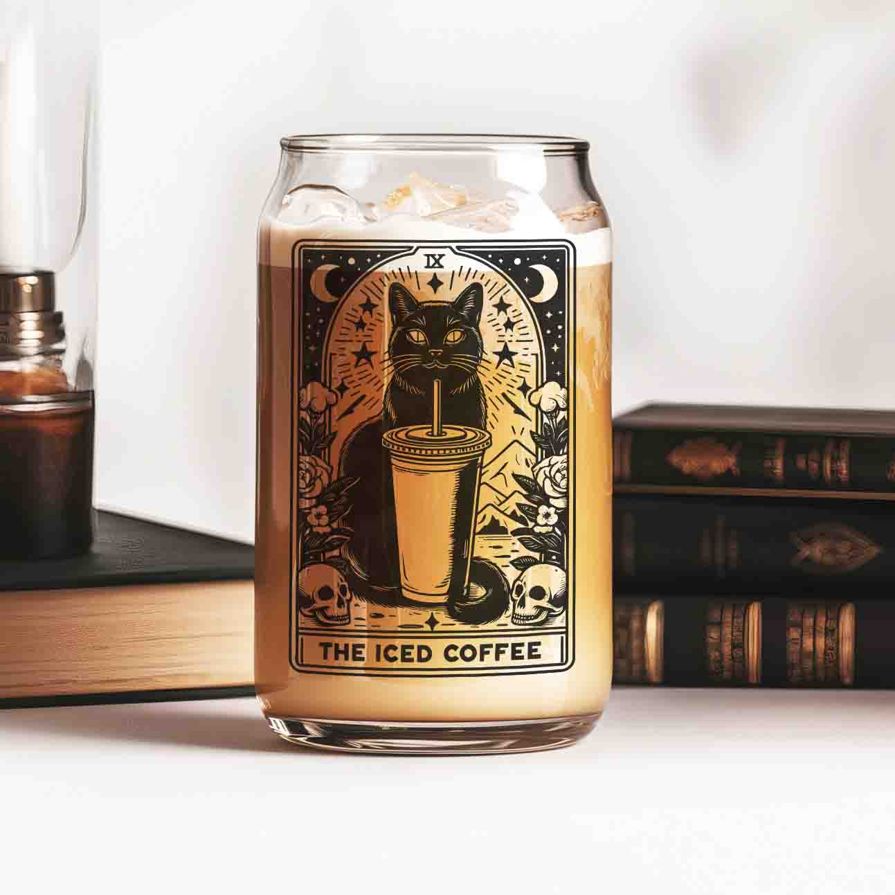 Witchy Tarot Cat Iced Coffee Glass Cup - 16oz Can Glass Tumbler With Lid & Straw, Cat Lover Astrology Gift