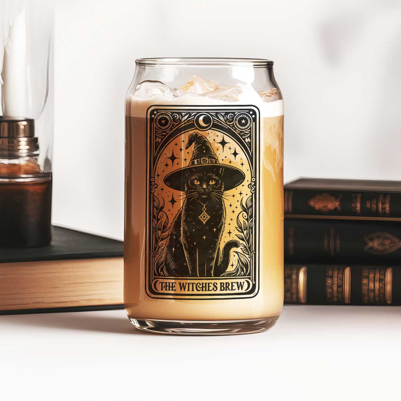 The Witches Brew Witch Cat Tarot Card Glass Can With Lid And Straw