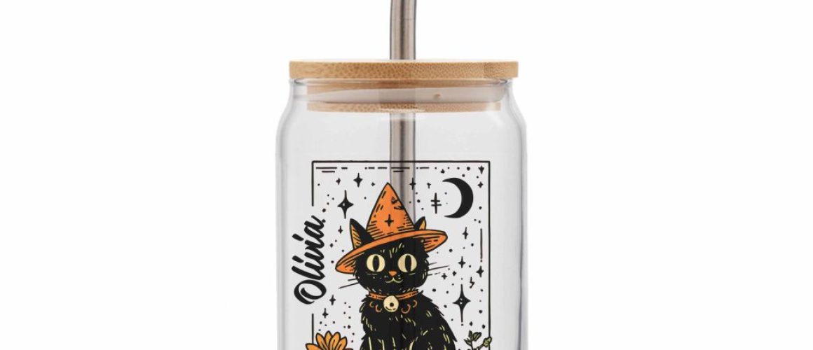 tarot black cat on pumpkin can glass gooten mockup square Custom Halloween Witch Cat Glass Can