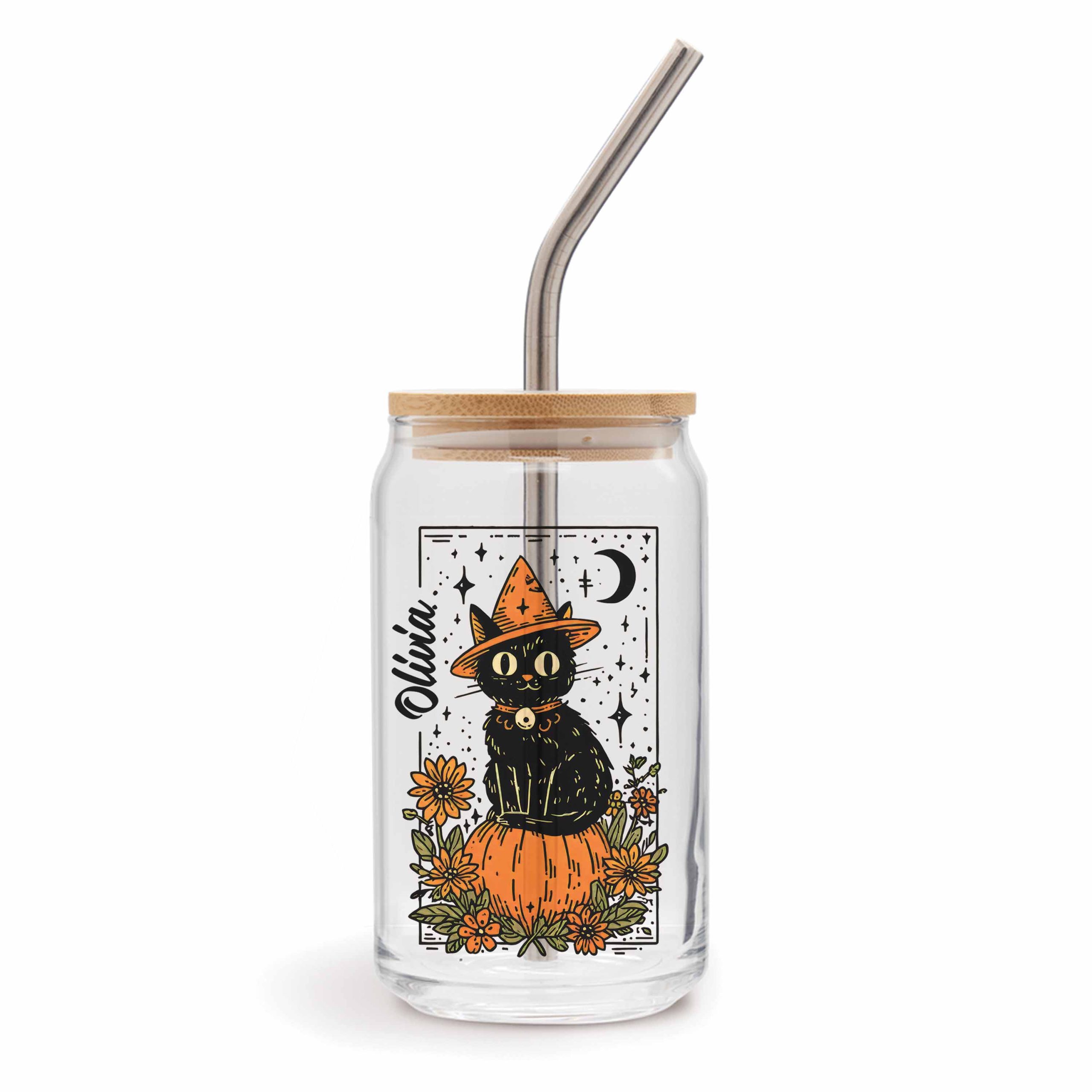 Custom Halloween Witch Cat Glass Can