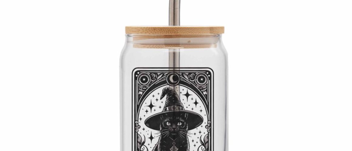 the witches brew can glass gooten mockup square The Witches Brew Witch Cat Tarot Card Glass Can With Lid And Straw