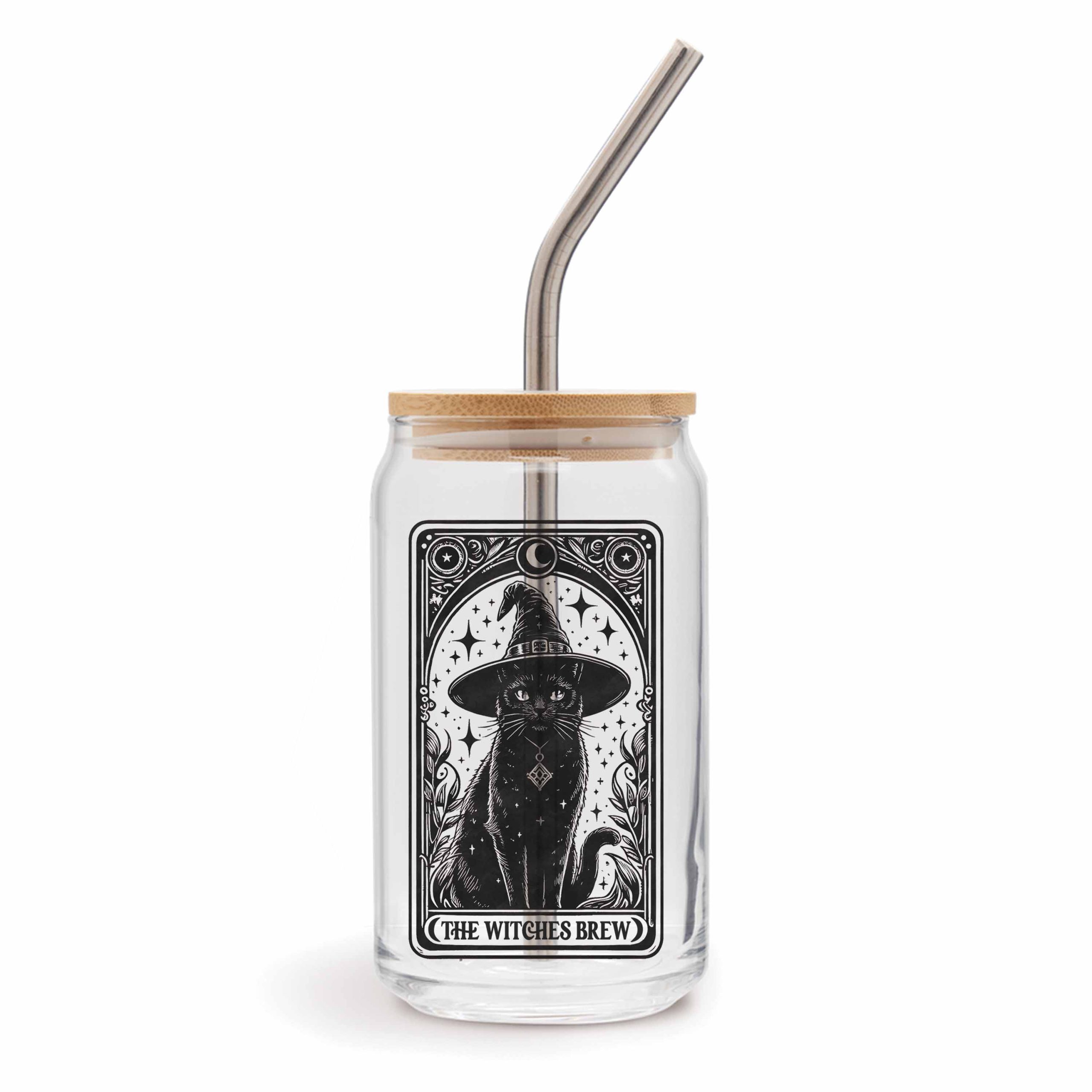 The Witches Brew Witch Cat Tarot Card Glass Can With Lid And Straw