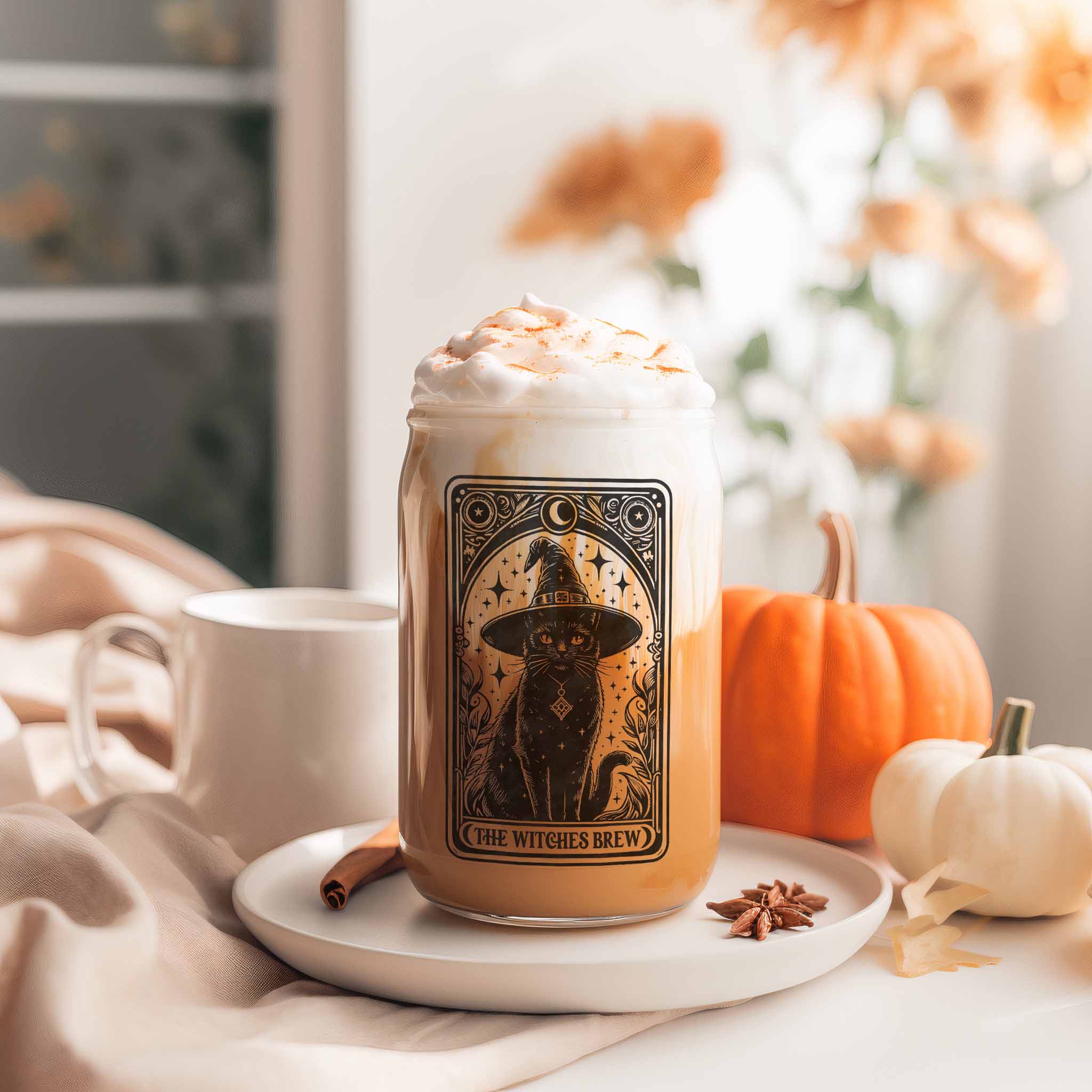 Glass can with black witch cat tarot design, bamboo lid and metal straw for iced coffee or tea