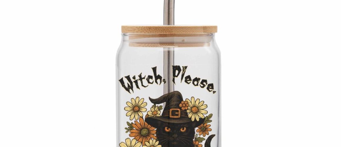 witch please black cat pumpkins can glass gooten mockup square Witch Please Halloween Glass Can With Lid And Straw
