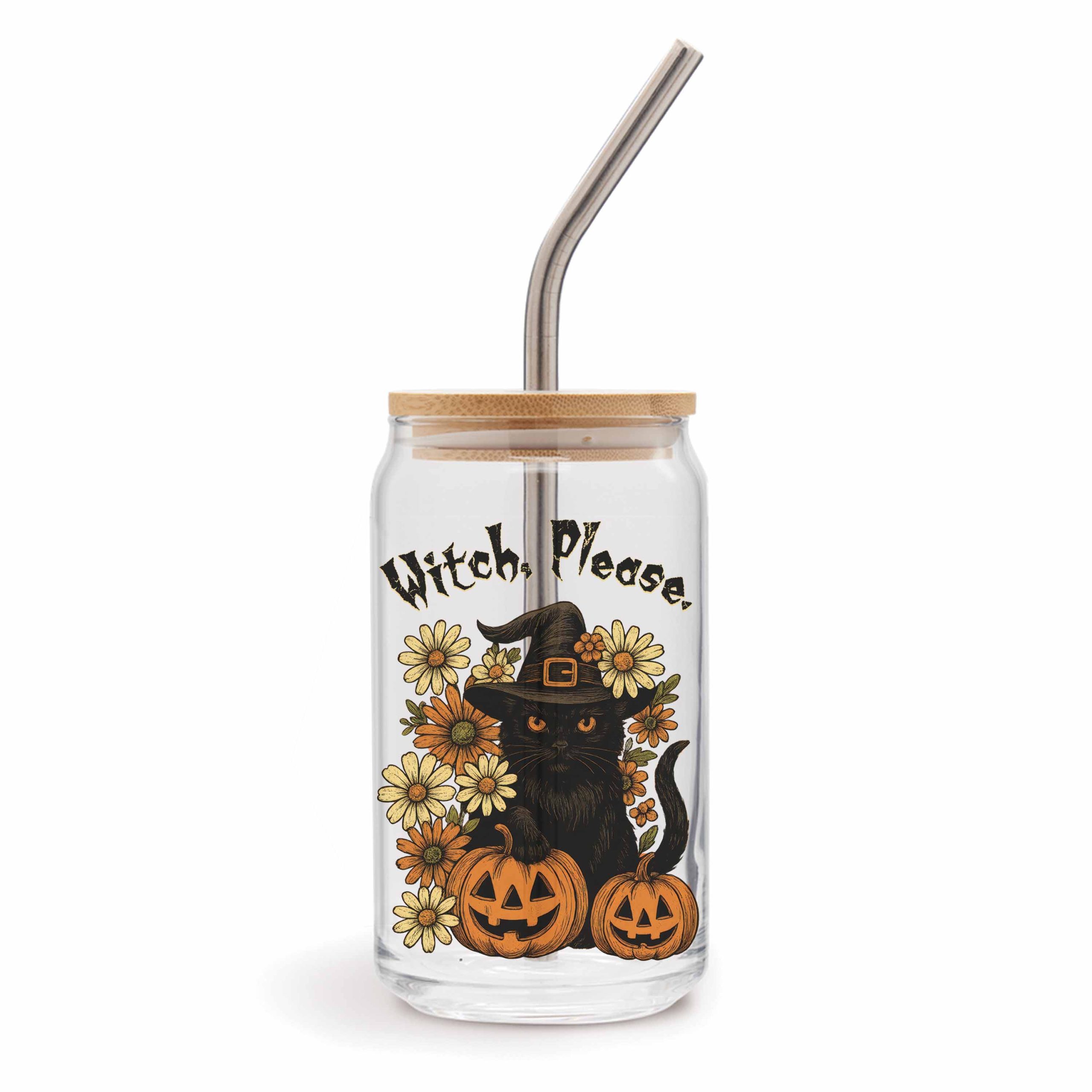 Witch Please Halloween Glass Can With Lid And Straw