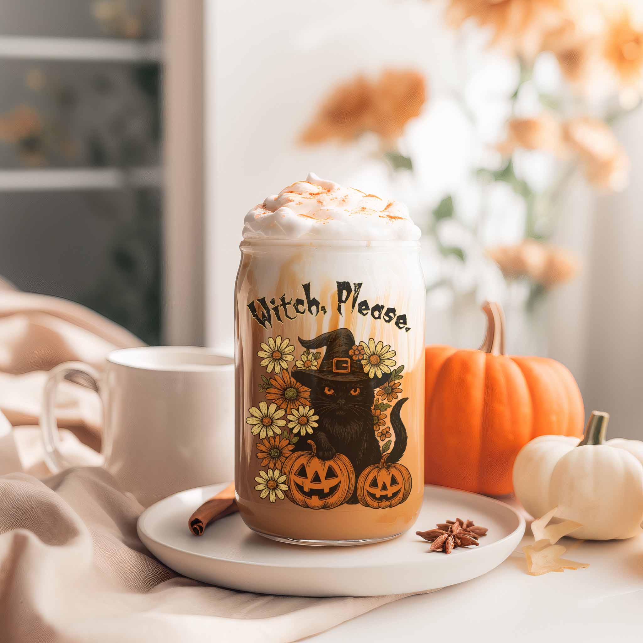 Halloween glass can with black cat, pumpkins, flowers, and “Witch, Please.” quote in spooky font, bamboo lid and straw